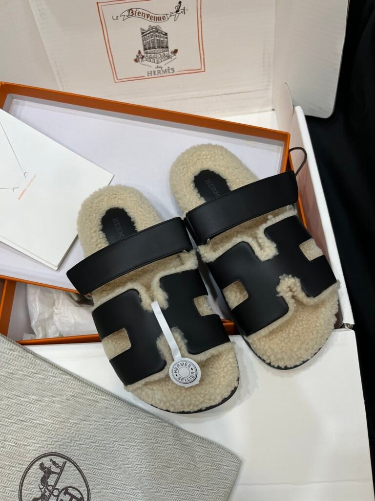 Fluffy Shearling Fur H Cutout Comfort Flat Slides with Strap