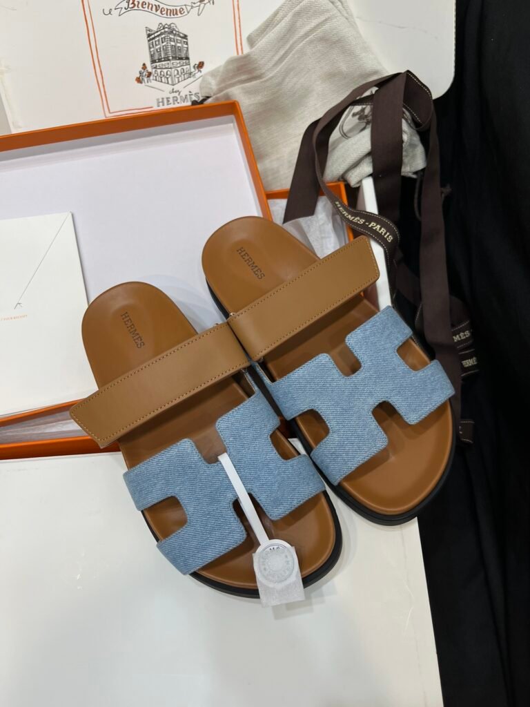 Casual Denim Fabric & Leather H Strap Comfort Slide Sandals