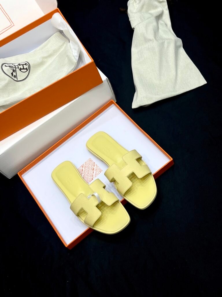 Summer Pastel Yellow Leather H Cutout Flat Slide Sandals