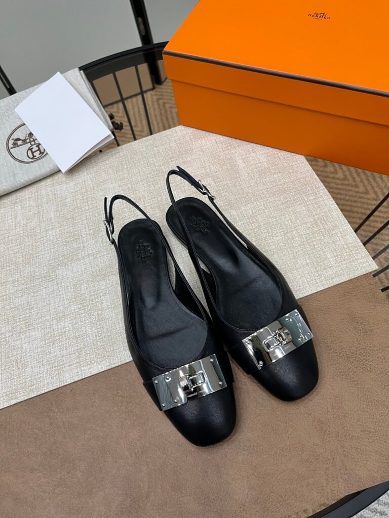 Elegance Leather Slingback Flats with Palladium Kelly Metal Buckle
