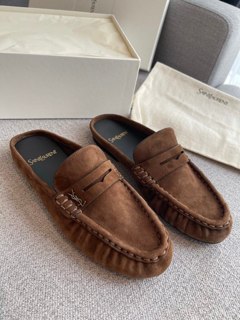 Saint Laurent Tan Suede YSL Logo Slip-On Loafer Mules