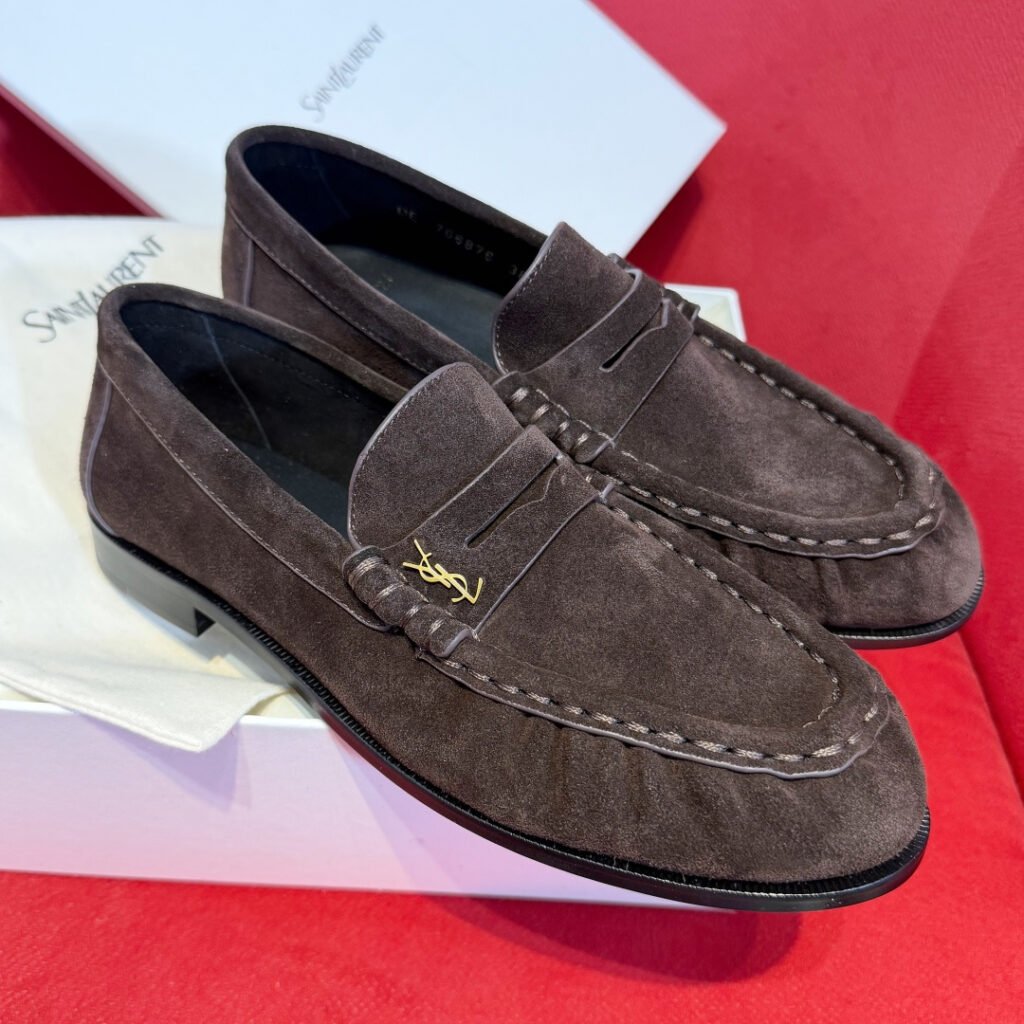 Saint Laurent Dark Brown Suede YSL Logo Penny Loafers