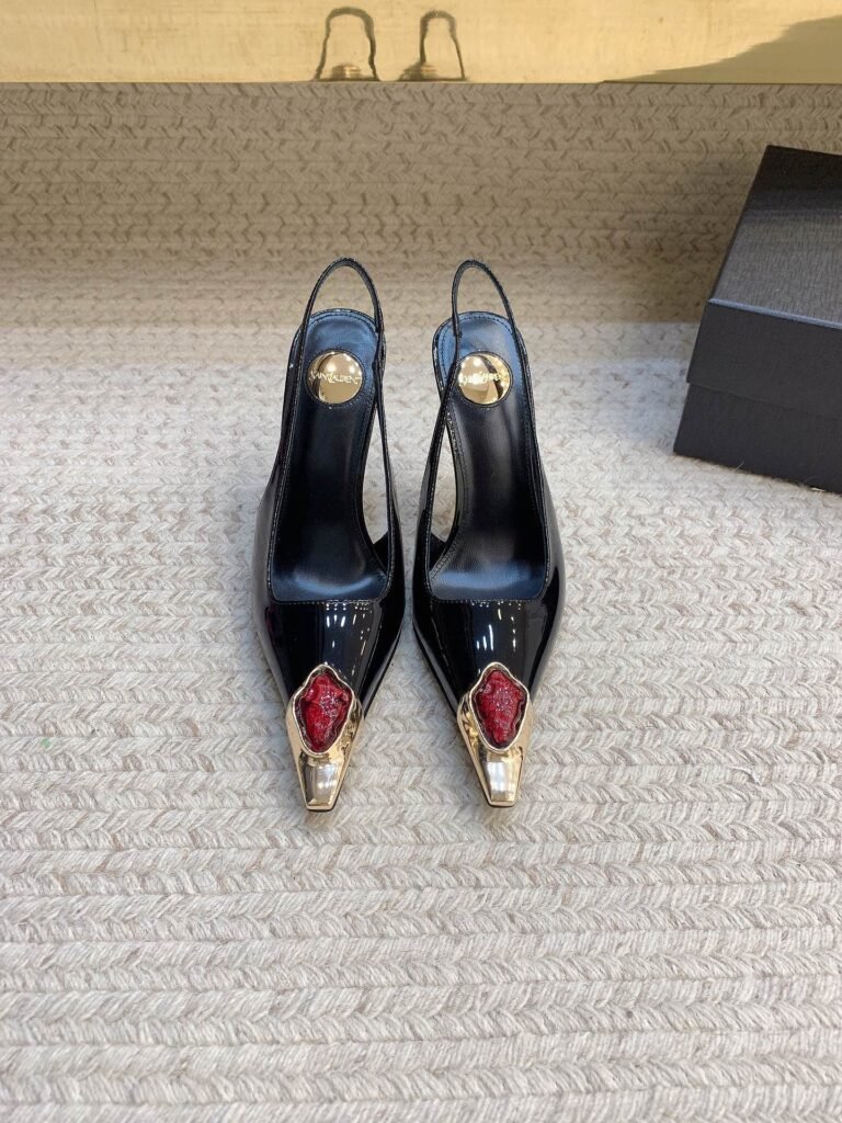 Saint Laurent Black Patent Leather Gold & Red Gem Cap-Toe Slingbacks