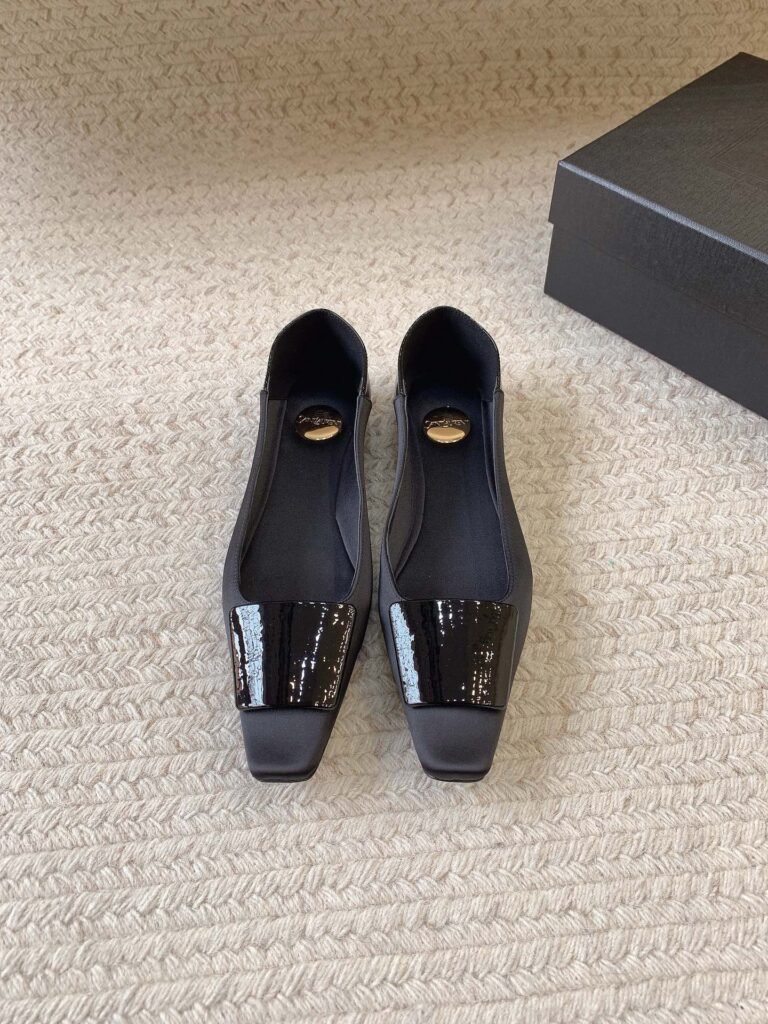 Saint Laurent Black Satin Square-Toe Patent Leather Vamp Flats