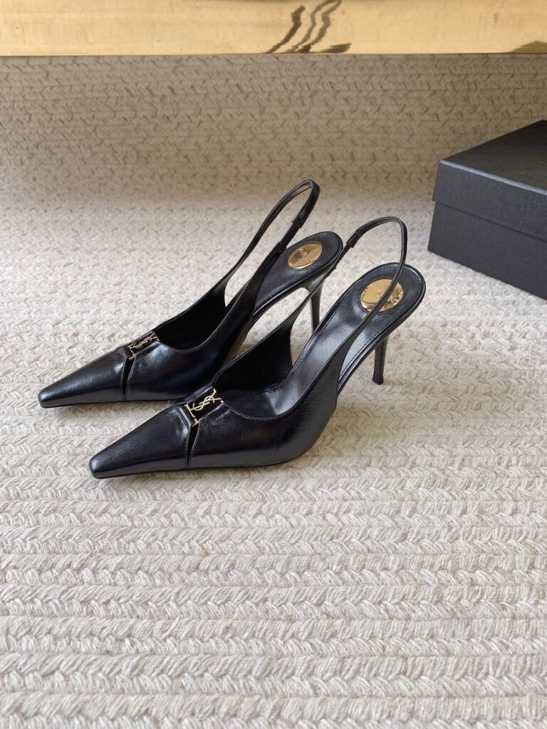 Saint Laurent Black Crinkled Patent Leather YSL Slingback Stiletto Pumps