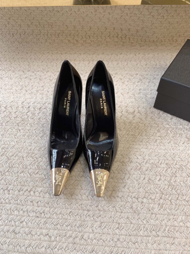 Saint Laurent Black Patent Leather Gold Metal Cap-Toe YSL Pumps