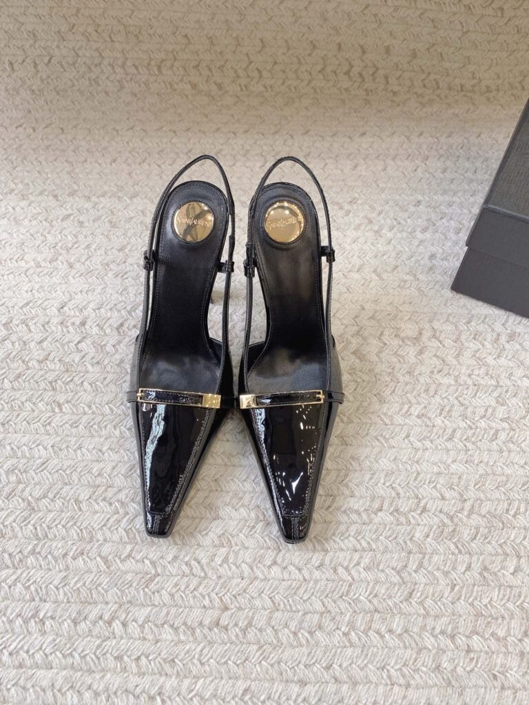 Saint Laurent Black Patent Leather Gold Hardware Slingback Heels