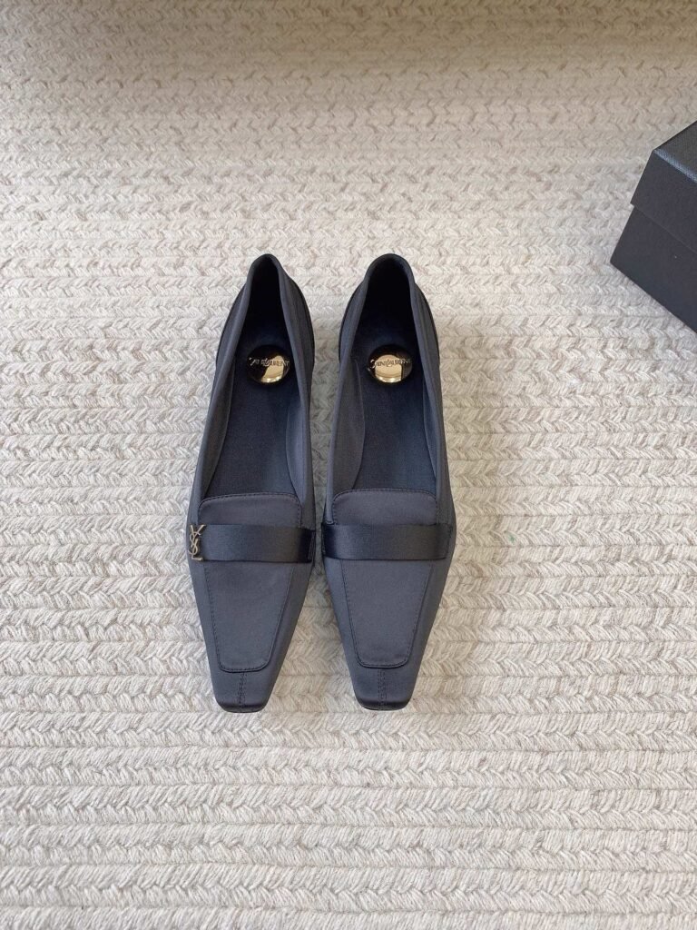 Saint Laurent Black Satin Square-Toe YSL Logo Ballerina Flats
