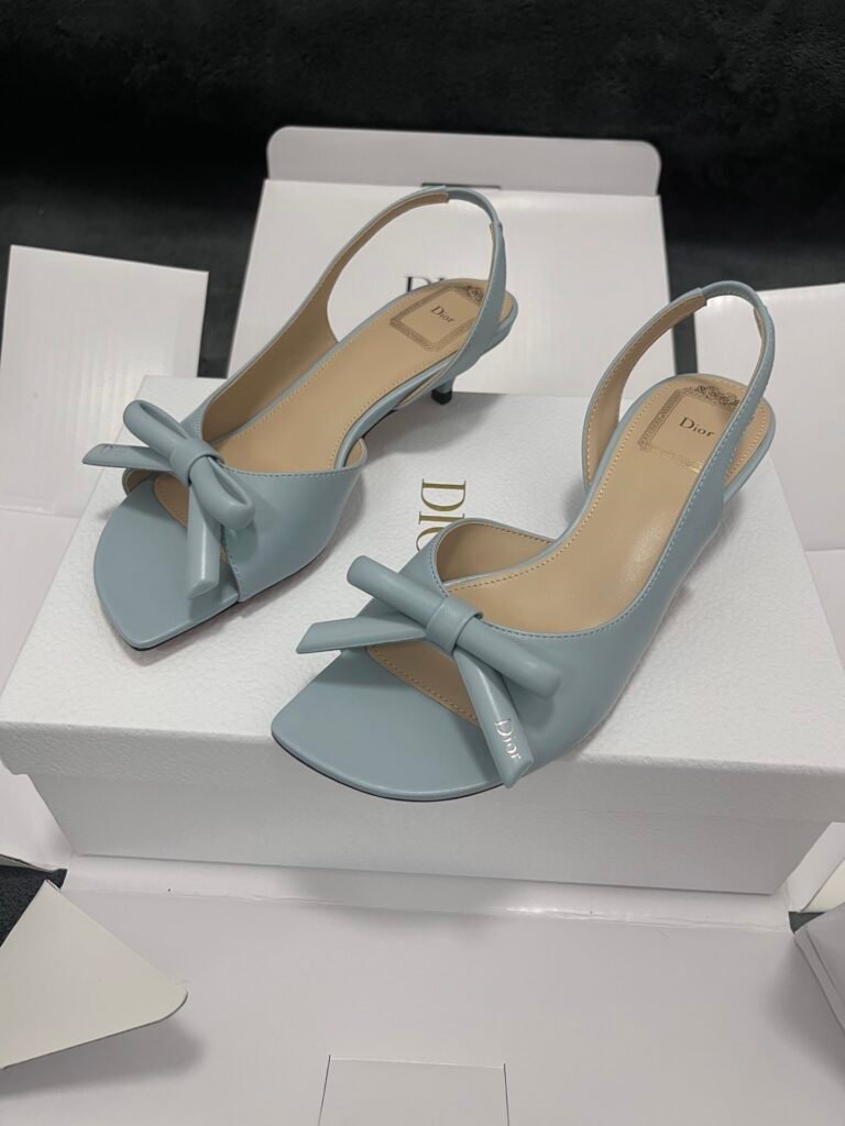 Dior Light Blue Leather Bow Open-Toe Slingback Heels