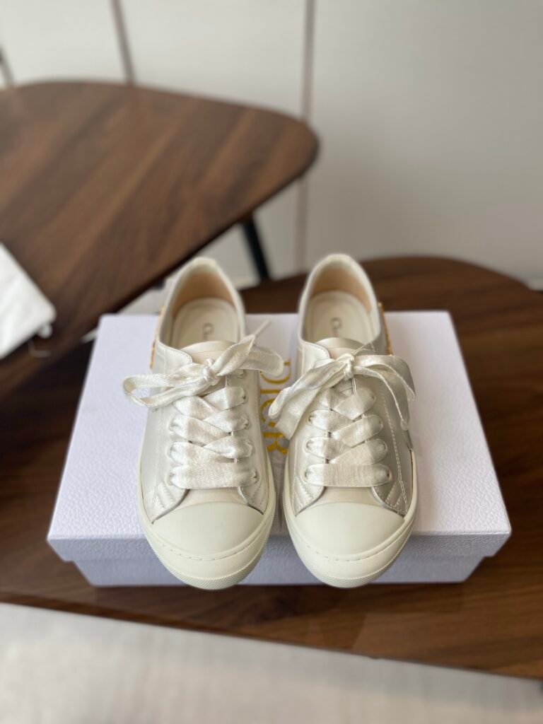 Dior Champagne Gold Quilted Leather Ribbon-Lace Sneakers