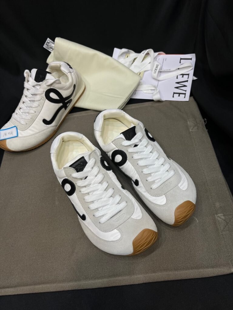 Loewe White & Grey Suede Flow Runner Sneakers with Black Leather Logo