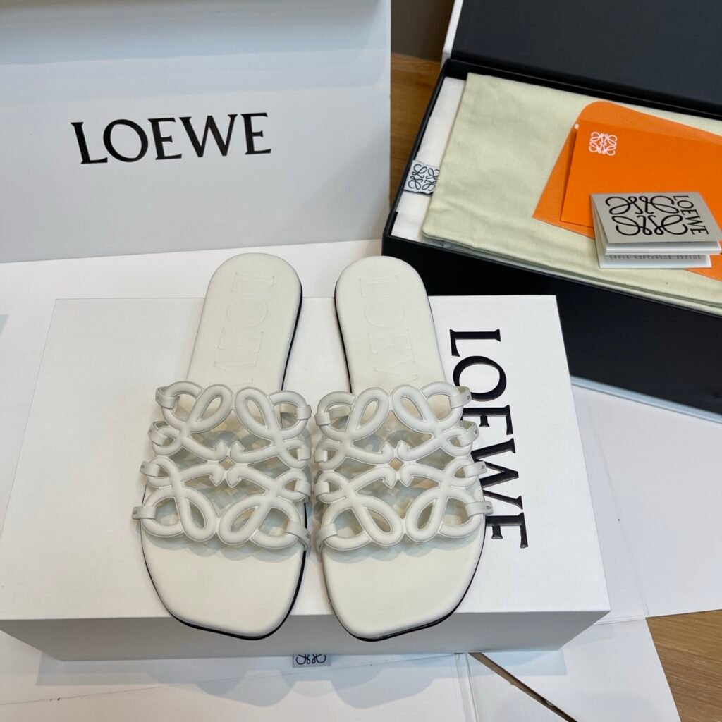 Loewe White Cut-Out Anagram Leather Flat Slide Sandals