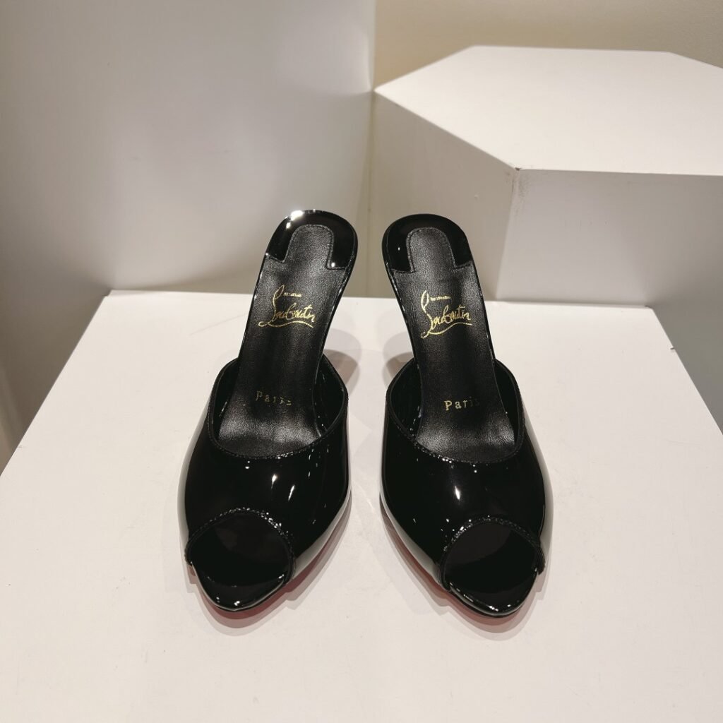 Christian Louboutin Black Patent Leather Peep-Toe Mule Heels