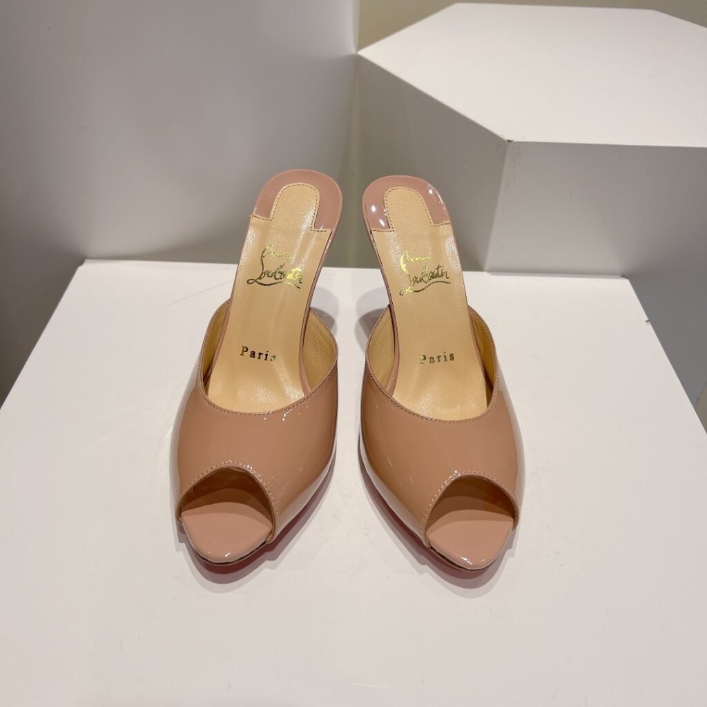 Christian Louboutin Nude Patent Leather Peep-Toe Mule Heels