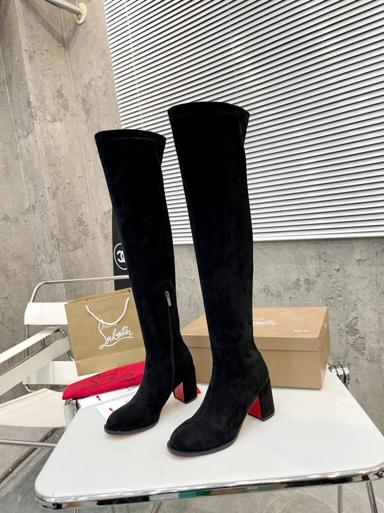 Christian Louboutin Black Suede Block Heel Over-the-Knee Boots
