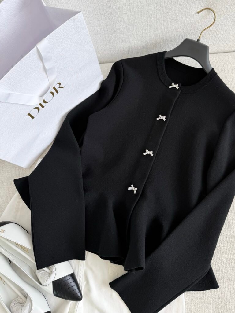 Black Knit Cardigan with White Bow Accents & Flared Hem (D Style)