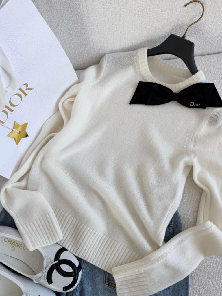 Off-White Crewneck Knit Sweater with Black Bow Detail (D Style)