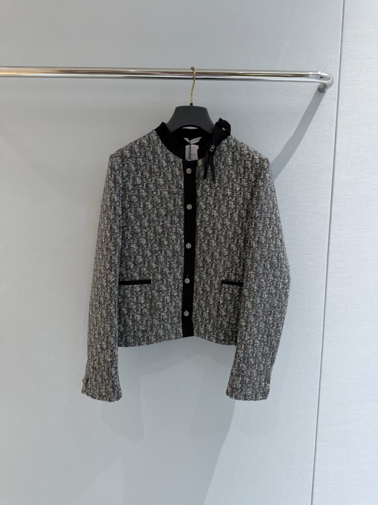 Grey Tweed Round-Neck Jacket with Black Trim & Bow Accent (D Style)