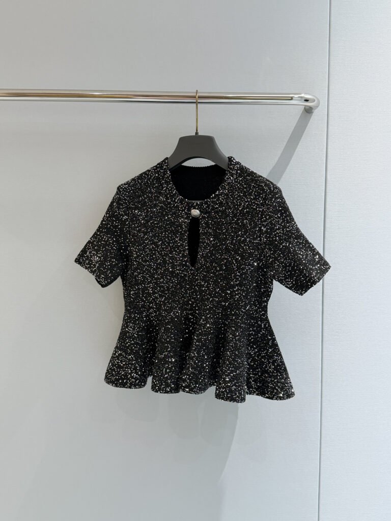 Black Sequin Short-Sleeve Peplum Knit Top (D Style)