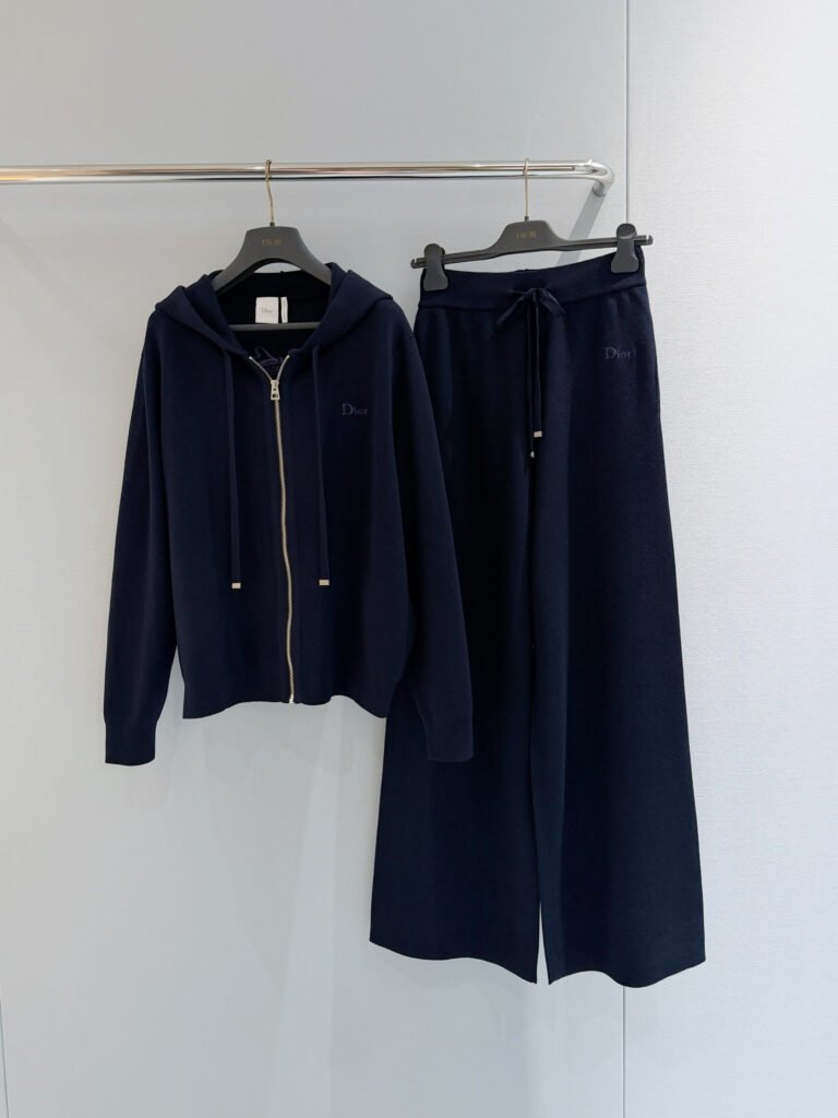 Navy Blue Hooded Zip Cardigan & Wide-Leg Pants Set (D Style)